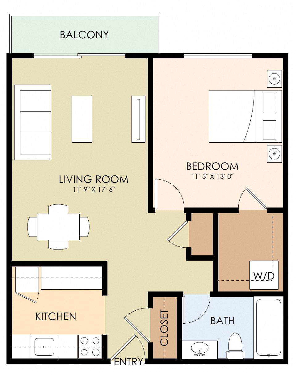 Floor plan for 1 bed, 1 bath, 657 sqft